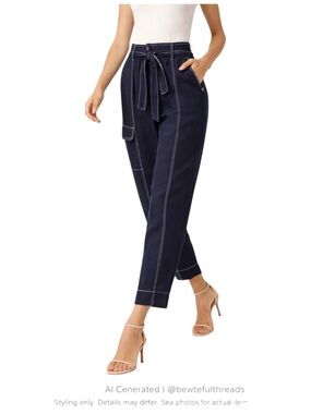 Navy Linen High Rise Tie Waist Cargo Pants Minimalist Utility Chic